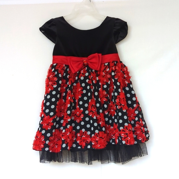 YOUNGLANDToddler Girls Festive Black, White, & Red Floral Dress, Size 3T